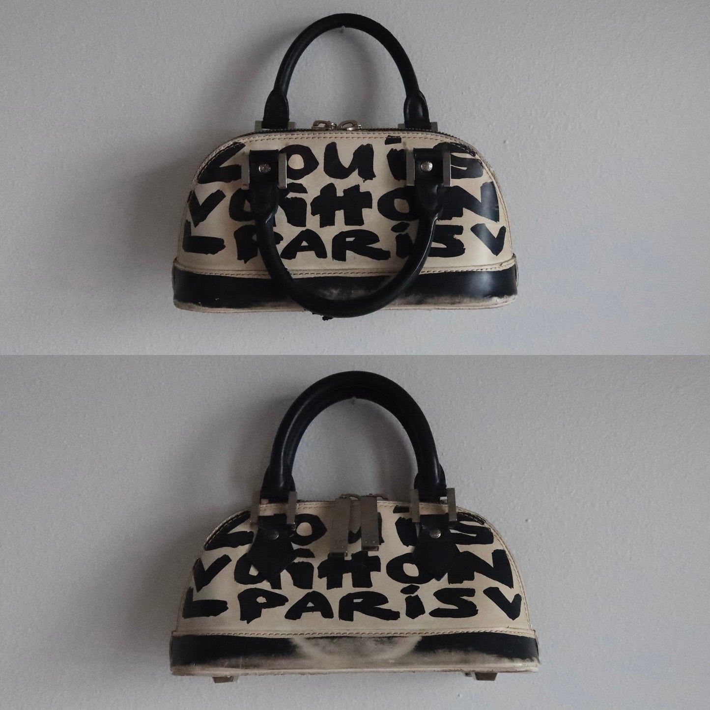 Louis Vuitton Alma MM white and black graffiti printed
