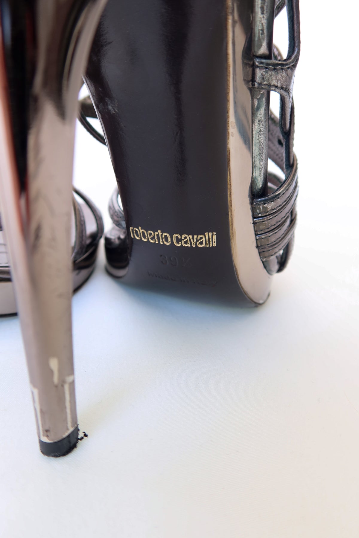 Roberto Cavalli Pewter Cage Heels 39.5 · US 9
