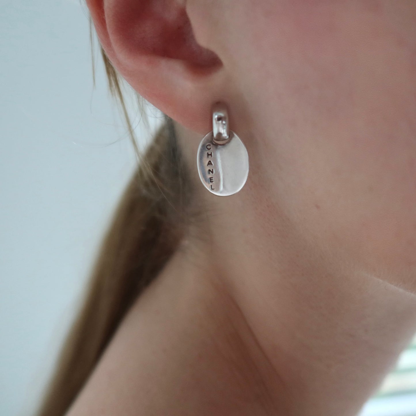 Chanel Silver-Tone Oval Stud Earrings